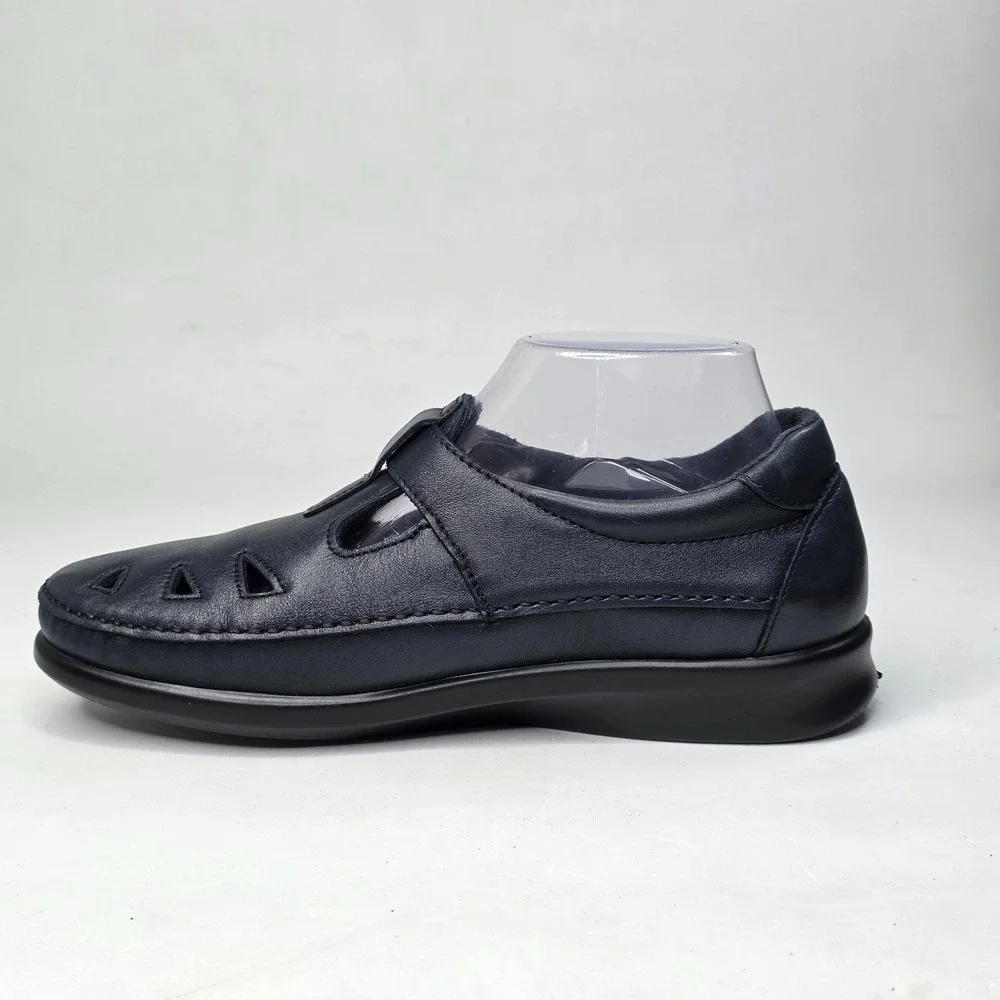 SAS Roamer Tripad Sandals Women's 8.5 WW Extra Wide Navy Leather T-Strap Shoes